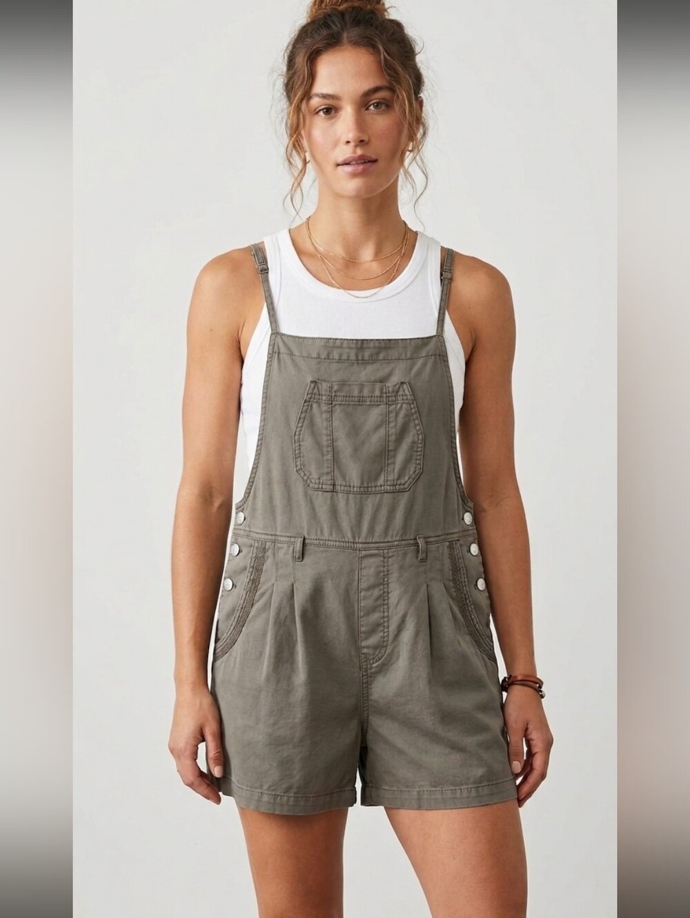 Maurices Olive Green Tencel Shortalls Overalls Large Romper Utility Pocket